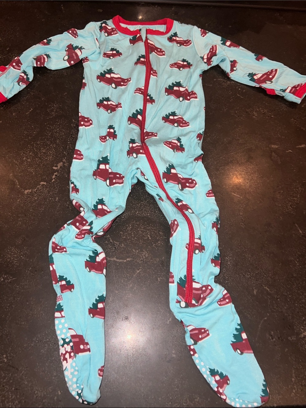 Kickee Pants holiday Light Blue Footed One-Piece with Red Truck Print